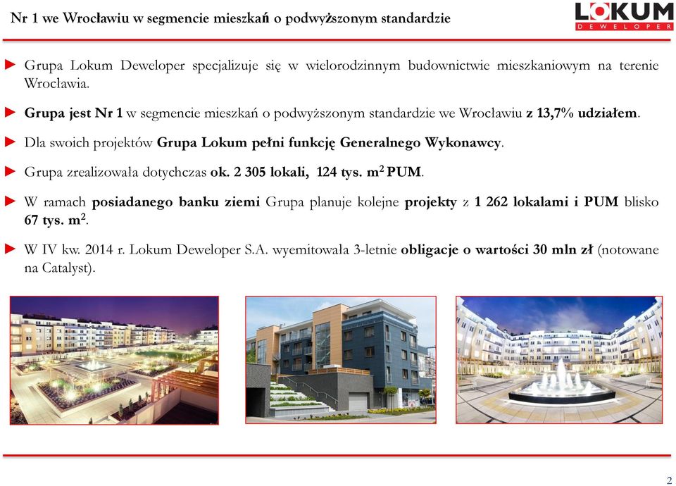 Dla swoich projektów Grupa Lokum pełni funkcję Generalnego Wykonawcy. Grupa zrealizowała dotychczas ok. 2 305 lokali, 124 tys. m 2 PUM.