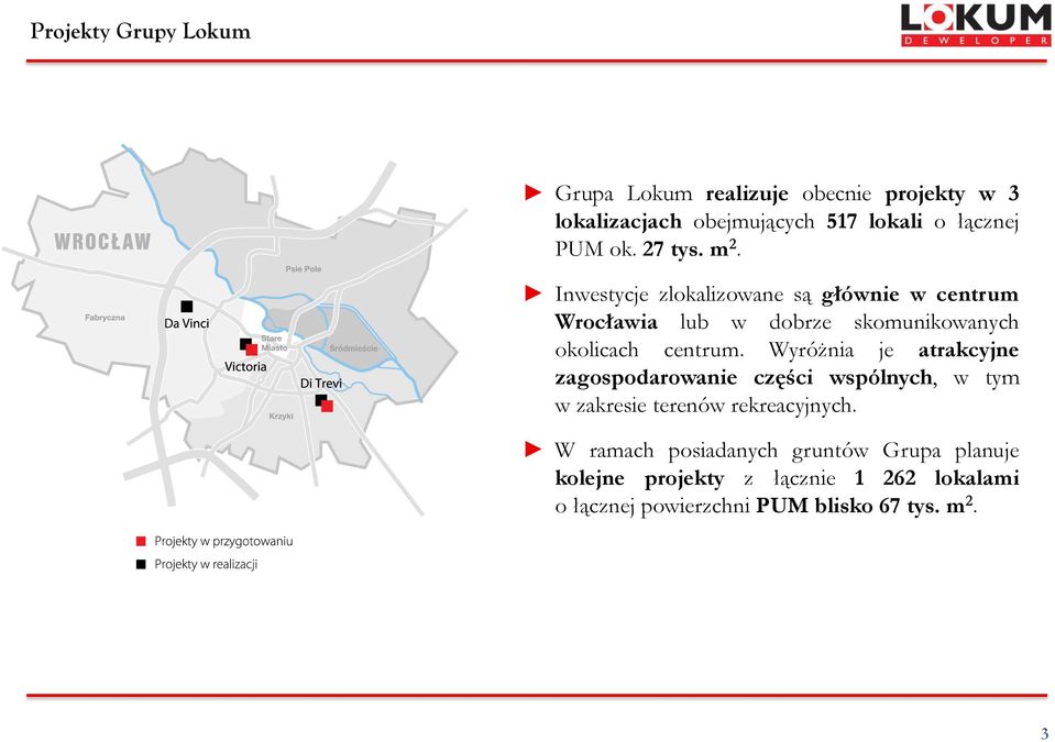 Inwestycje zlokalizowane są głównie w centrum Wrocławia lub w dobrze skomunikowanych okolicach centrum.