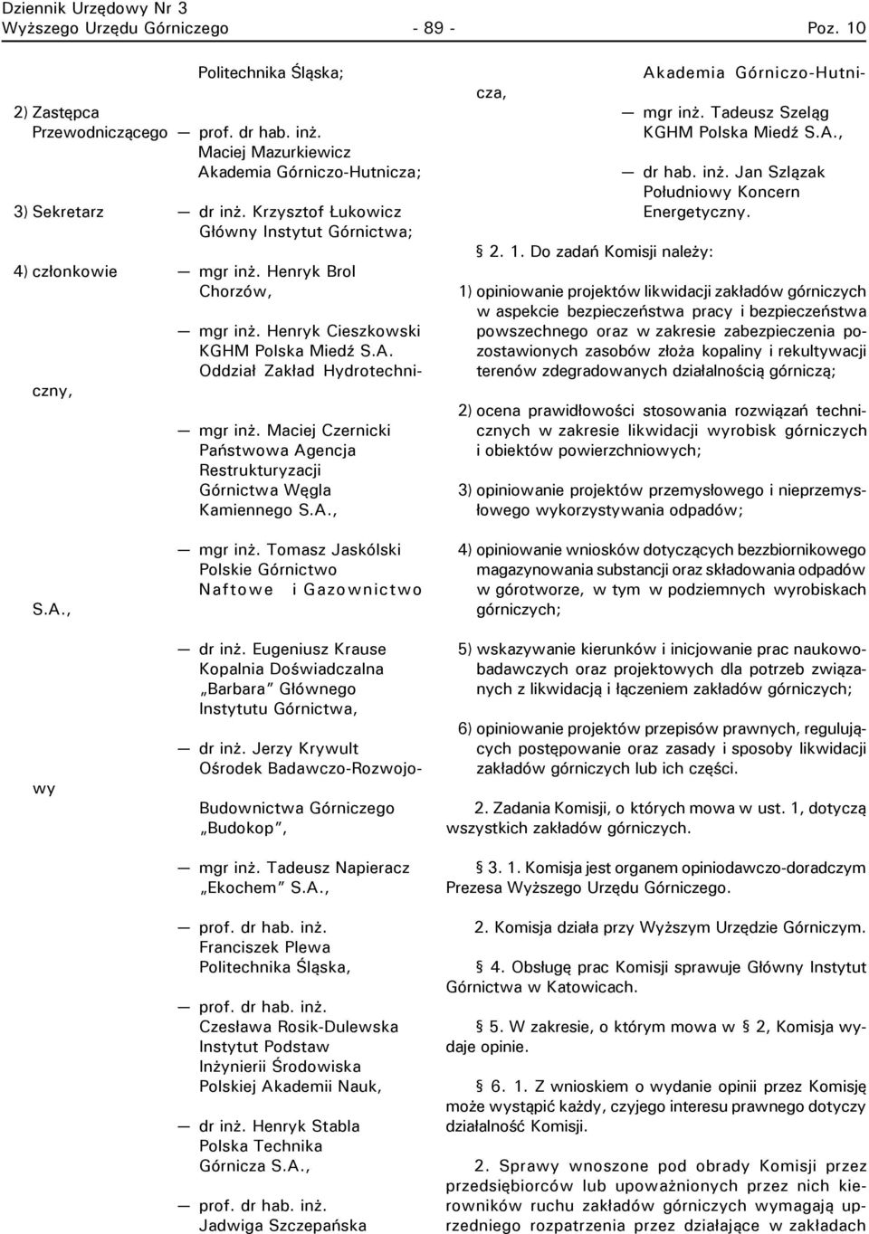 Maciej Czernicki Państwowa Agencja Restrukturyzacji Górnictwa Węgla Kamiennego S.A., 2. 1. Do zadań Komisji należy: mgr inż. Tadeusz Szeląg KGHM Polska Miedź S.A., dr hab. inż. Jan Szlązak Południowy Koncern Energetyczny.