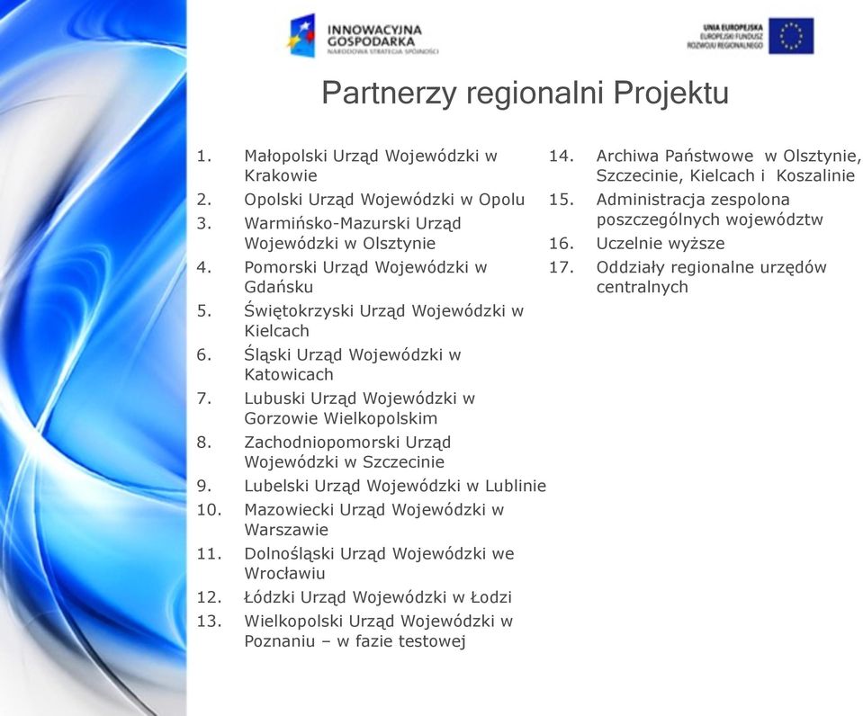 Lubelski Urząd Wojewódzki w Lublinie 10. Mazowiecki Urząd Wojewódzki w Warszawie 11. Dolnośląski Urząd Wojewódzki we Wrocławiu 12. Łódzki Urząd Wojewódzki w Łodzi 13.