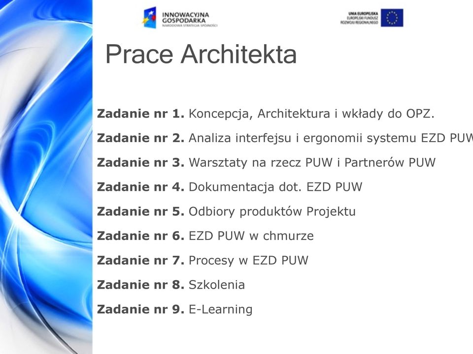 Warsztaty na rzecz PUW i Partnerów PUW Zadanie nr 4. Dokumentacja dot. EZD PUW Zadanie nr 5.