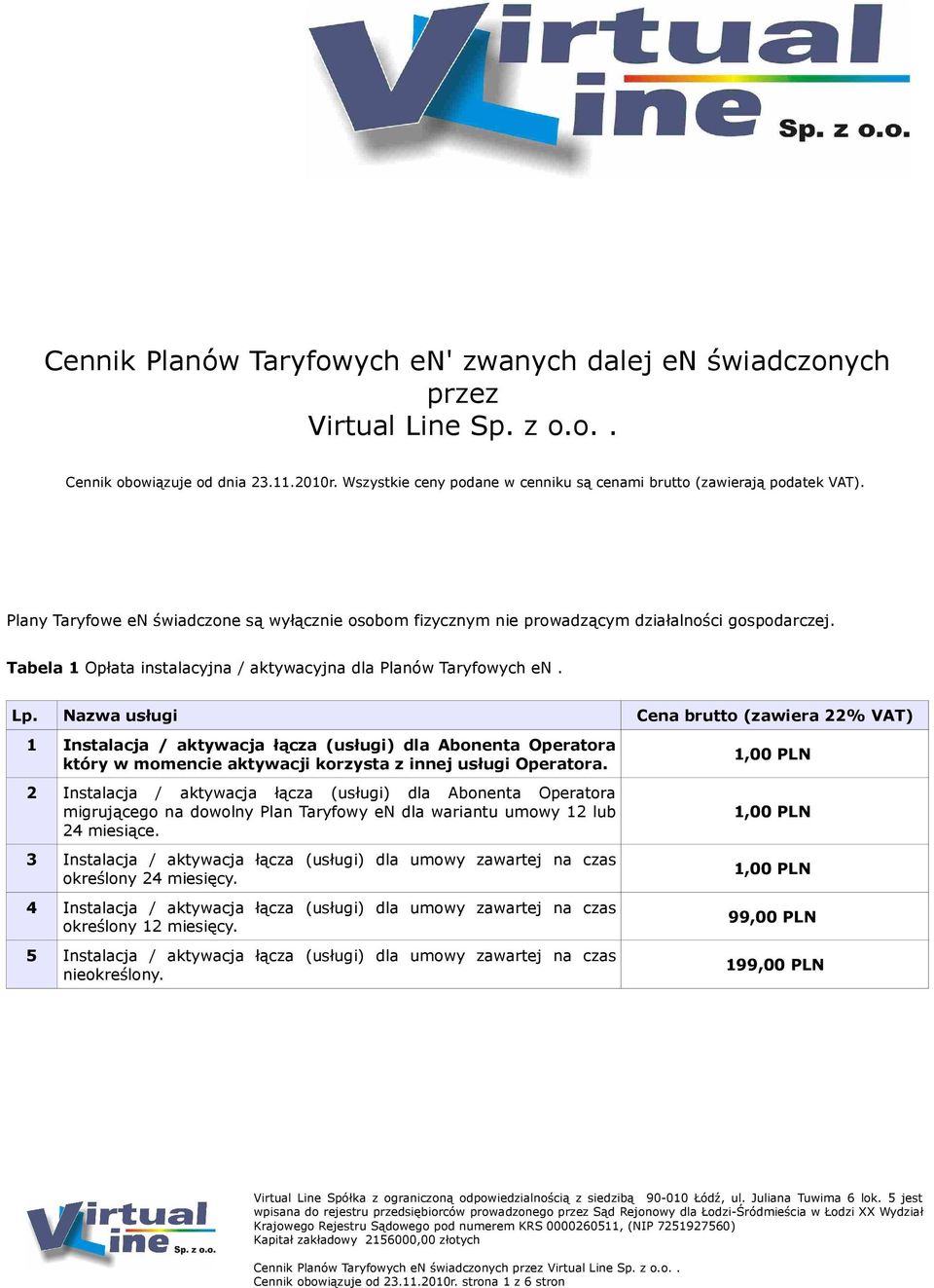 Nazwa usługi Cena brutto (zawiera % VAT) Instalacja / aktywacja łącza (usługi) dla Abonenta Operatora który w momencie aktywacji korzysta z innej usługi Operatora.