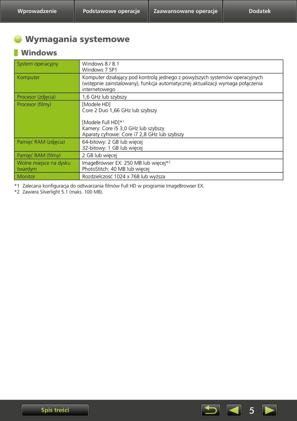(zdjęcia),6 GHz lub szybszy Procesor (filmy) [Modele HD] Core 2 Duo,66 GHz lub szybszy Pamięć RAM (zdjęcia) Pamięć RAM (filmy) Wolne miejsce na dysku twardym Monitor [Modele Full HD]* Kamery: Core i5