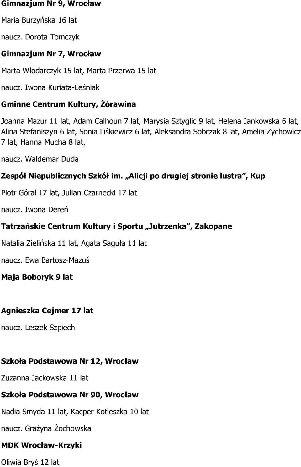 Aleksandra Sobczak 8 lat, Amelia Zychowicz 7 lat, Hanna Mucha 8 lat, naucz. Waldemar Duda Zespół Niepublicznych Szkół im.