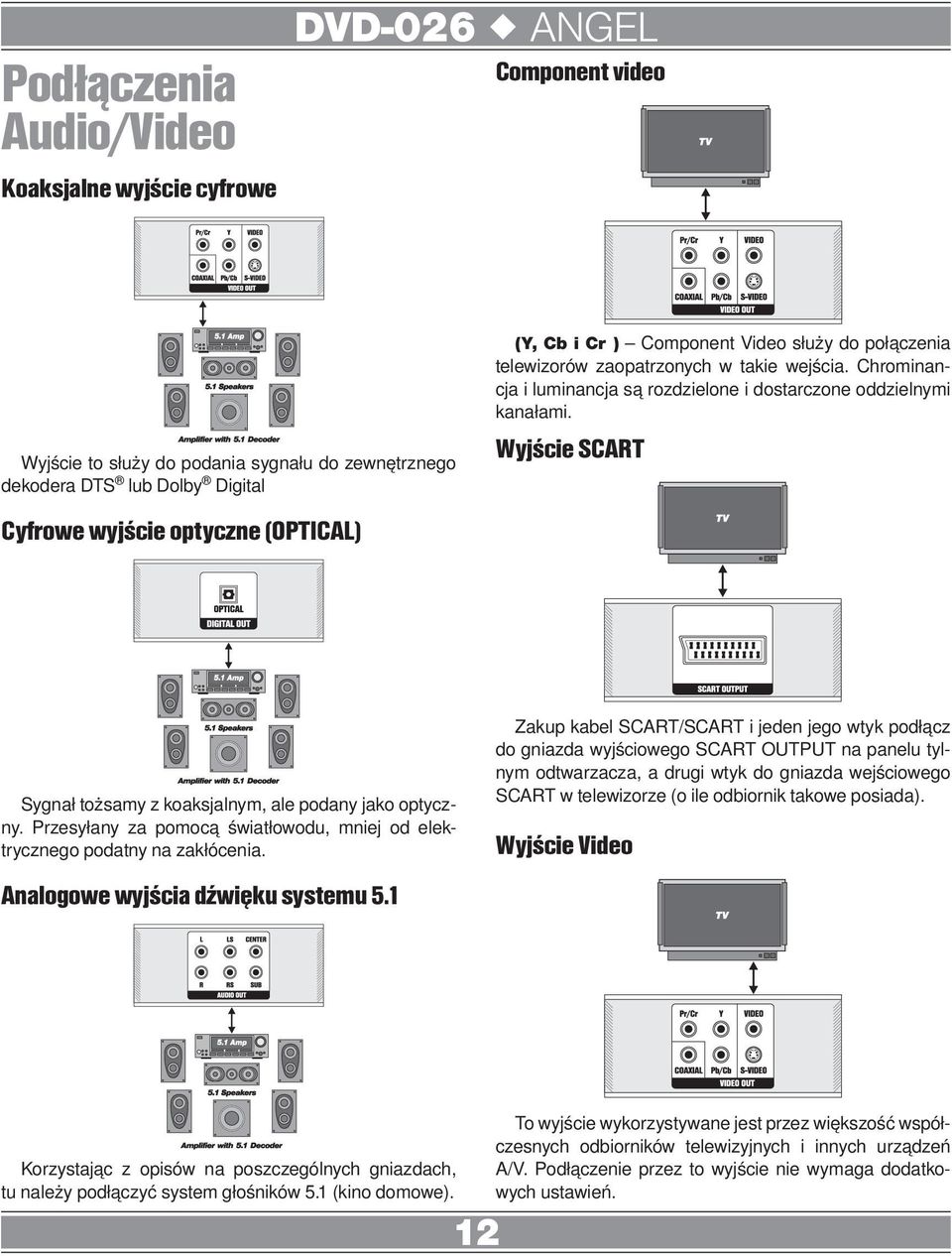 Wyjście SCART Sygnał tożsamy z koaksjalnym, ale podany jako optyczny. Przesyłany za pomocą światłowodu, mniej od elektrycznego podatny na zakłócenia. Analogowe wyjścia dźwięku systemu 5.