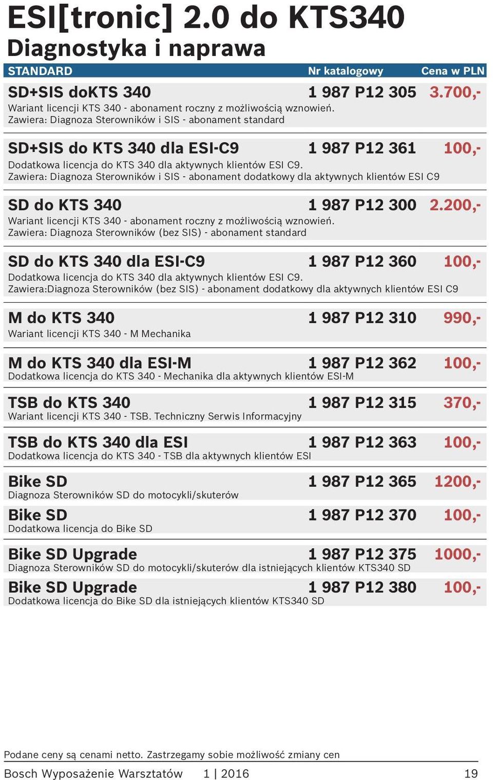 Zawiera: Diagnoza Sterowników i SIS - abonament dodatkowy dla aktywnych klientów ESI C9 SD do KTS 340 1 987 P12 300 2.200,- Wariant licencji KTS 340 - abonament roczny z możliwością wznowień.