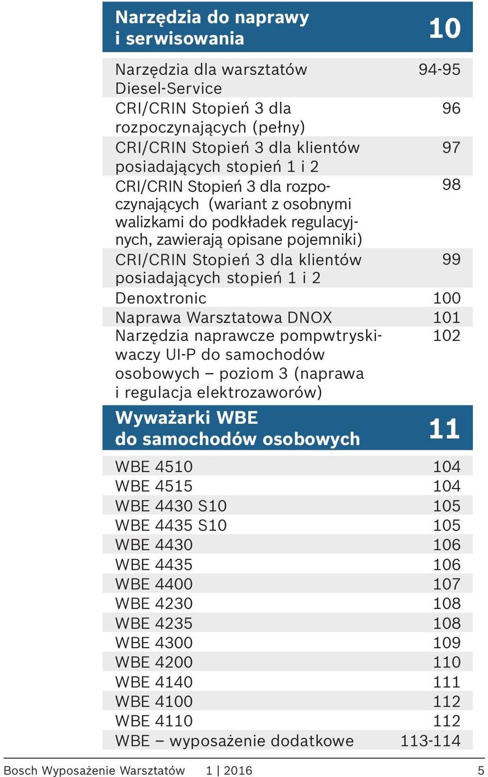 Denoxtronic 100 Naprawa Warsztatowa DNOX 101 Narzędzia naprawcze pompwtryskiwaczy 102 UI-P do samochodów osobowych poziom 3 (naprawa i regulacja elektrozaworów) Wyważarki WBE do samochodów osobowych