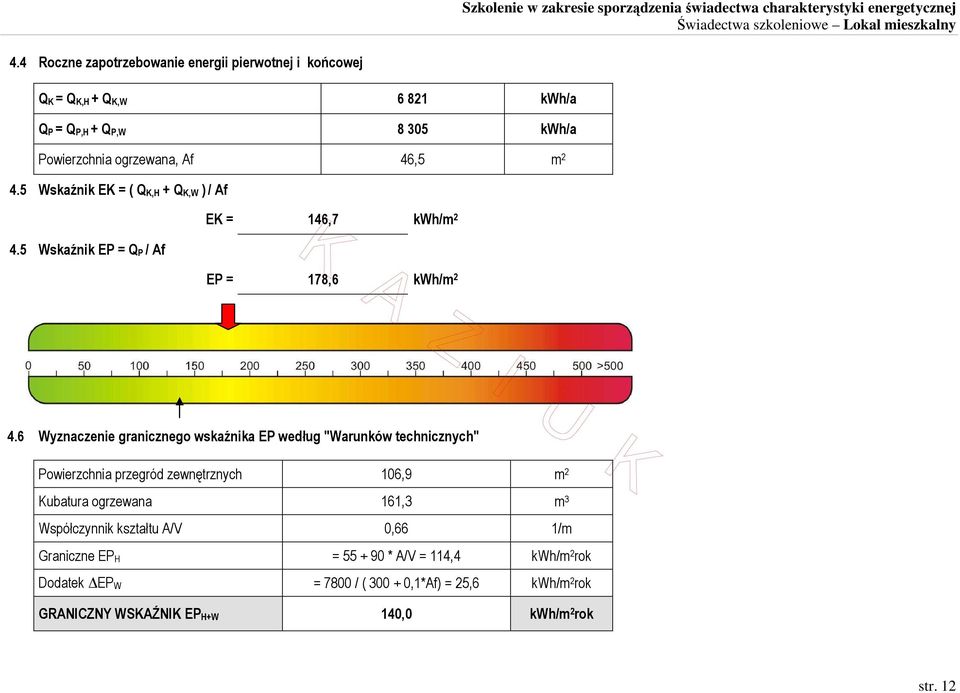 6 Wyznaczenie granicznego wskaźnika EP według "Warunków technicznych" Powierzchnia przegród zewnętrznych 106,9 m 2 Kubatura ogrzewana 161,3 m 3