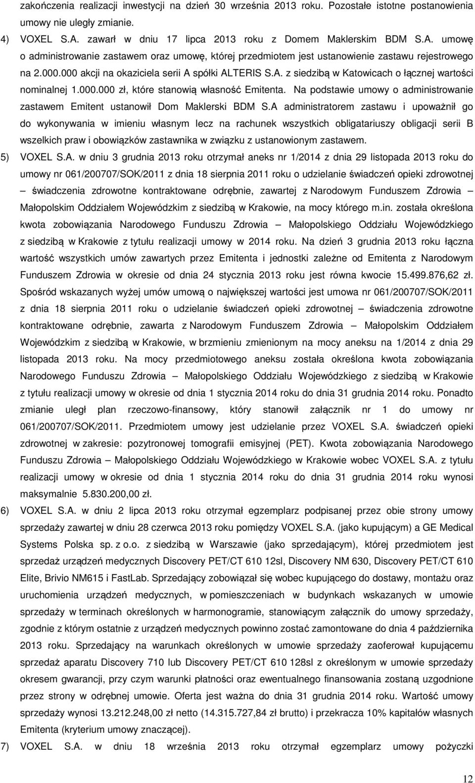 000 akcji na okaziciela serii A spółki ALTERIS S.A. z siedzibą w Katowicach o łącznej wartości nominalnej 1.000.000 zł, które stanowią własność Emitenta.