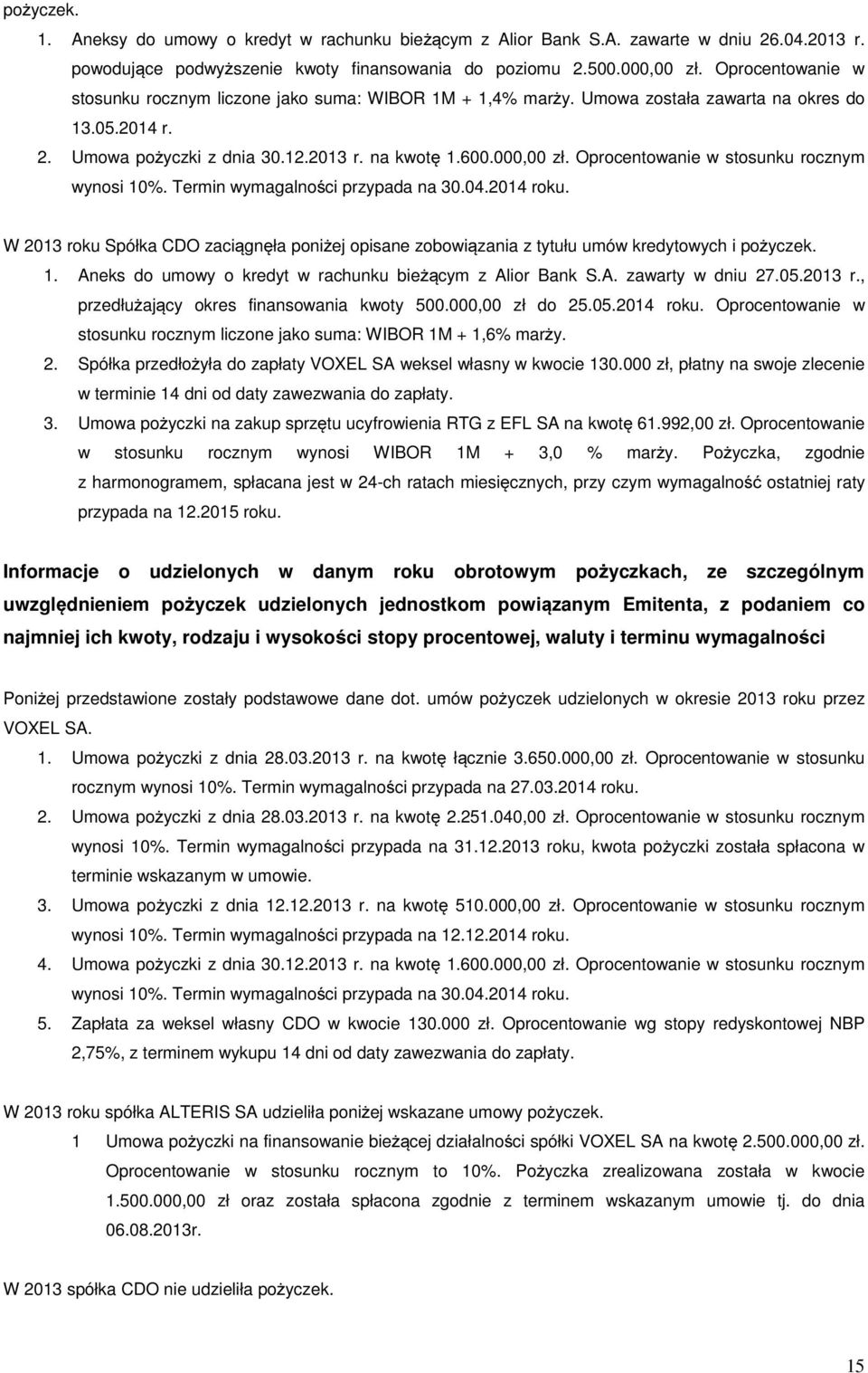 Oprocentowanie w stosunku rocznym wynosi 10%. Termin wymagalności przypada na 30.04.2014 roku. W 2013 roku Spółka CDO zaciągnęła poniżej opisane zobowiązania z tytułu umów kredytowych i pożyczek. 1. Aneks do umowy o kredyt w rachunku bieżącym z Alior Bank S.