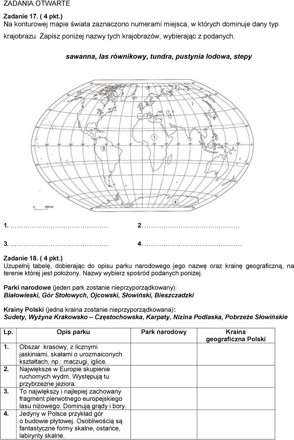 ) Uzupełnij tabelę, dobierając do opisu parku narodowego jego nazwę oraz krainę geograficzną, na terenie której jest położony. Nazwy wybierz spośród podanych poniżej.