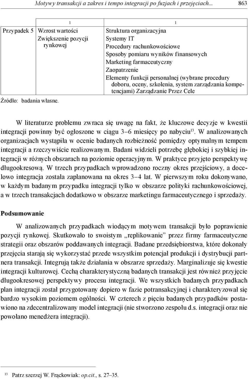 zarządzania kompetencjami) Zarządzanie Przez Cele W literaturze problemu zwraca się uwagę na fakt, że kluczowe decyzje w kwestii integracji powinny być ogłoszone w ciągu 3 6 miesięcy po nabyciu 13.