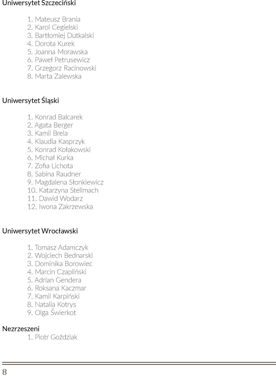 Michał Kurka 7. Zofia Lichota 8. Sabina Raudner 9. Magdalena Słonkiewicz 10. Katarzyna Stellmach 11. Dawid Wodarz 12. Iwona Zakrzewska Uniwersytet Wrocławski 1.