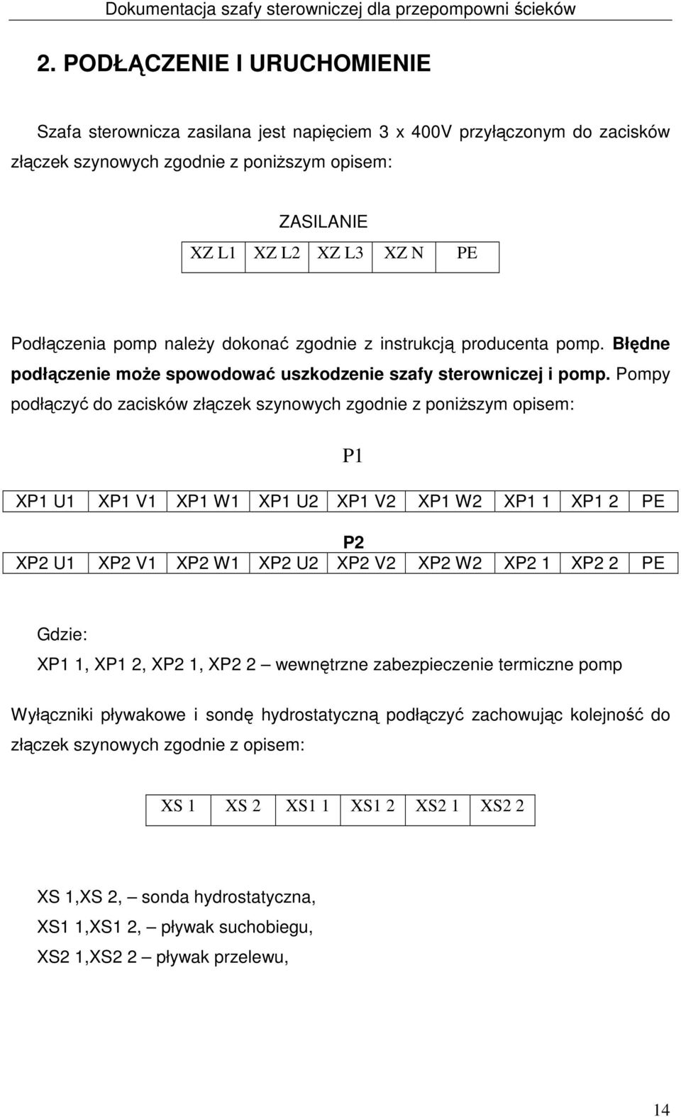 Pompy podłączyć do zacisków złączek szynowych zgodnie z poniższym opisem: XP1 U1 XP1 V1 XP1 W1 XP1 U2 XP1 V2 XP1 W2 XP1 1 XP1 2 PE P2 XP2 U1 XP2 V1 XP2 W1 XP2 U2 XP2 V2 XP2 W2 XP2 1 XP2 2 PE P1