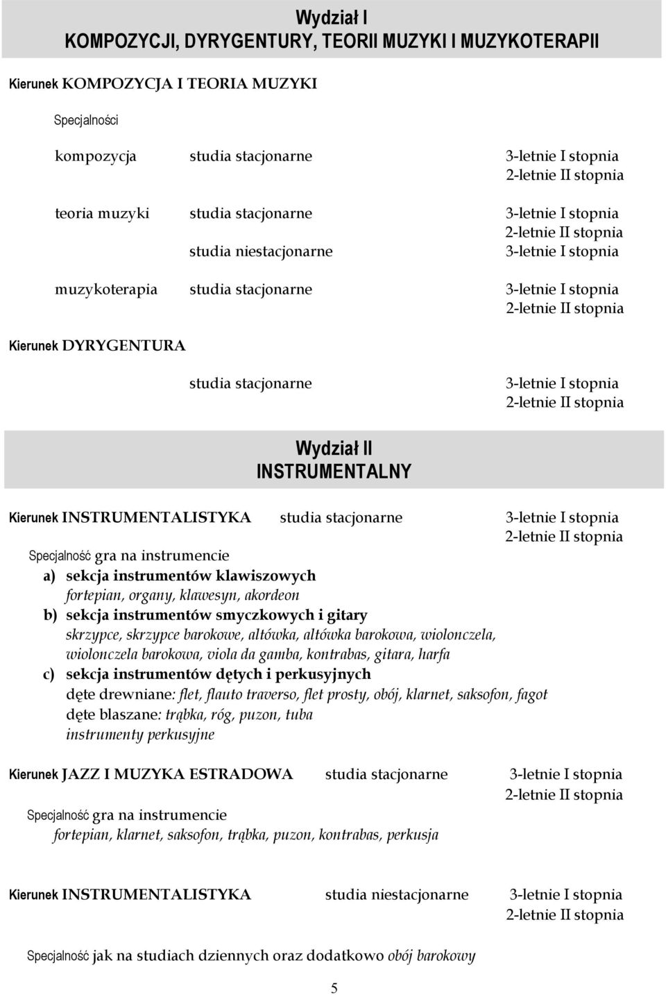 stacjonarne 3-letnie I stopnia 2-letnie II stopnia Wydział II INSTRUMENTALNY Kierunek INSTRUMENTALISTYKA studia stacjonarne 3-letnie I stopnia 2-letnie II stopnia Specjalność gra na instrumencie a)