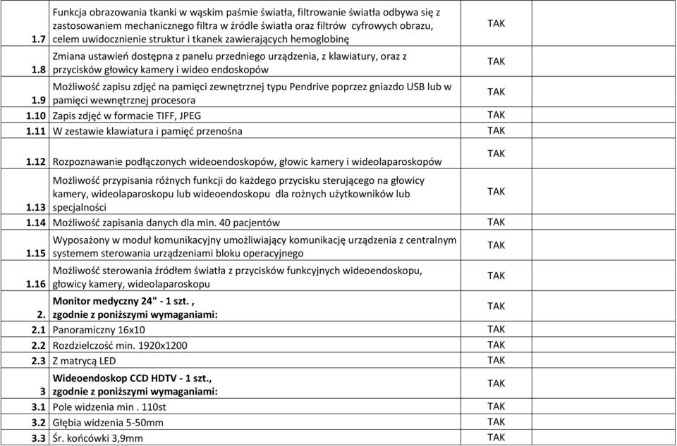 i tkanek zawierających hemoglobinę Zmiana ustawień dostępna z panelu przedniego urządzenia, z klawiatury, oraz z przycisków głowicy kamery i wideo endoskopów Możliwość zapisu zdjęć na pamięci