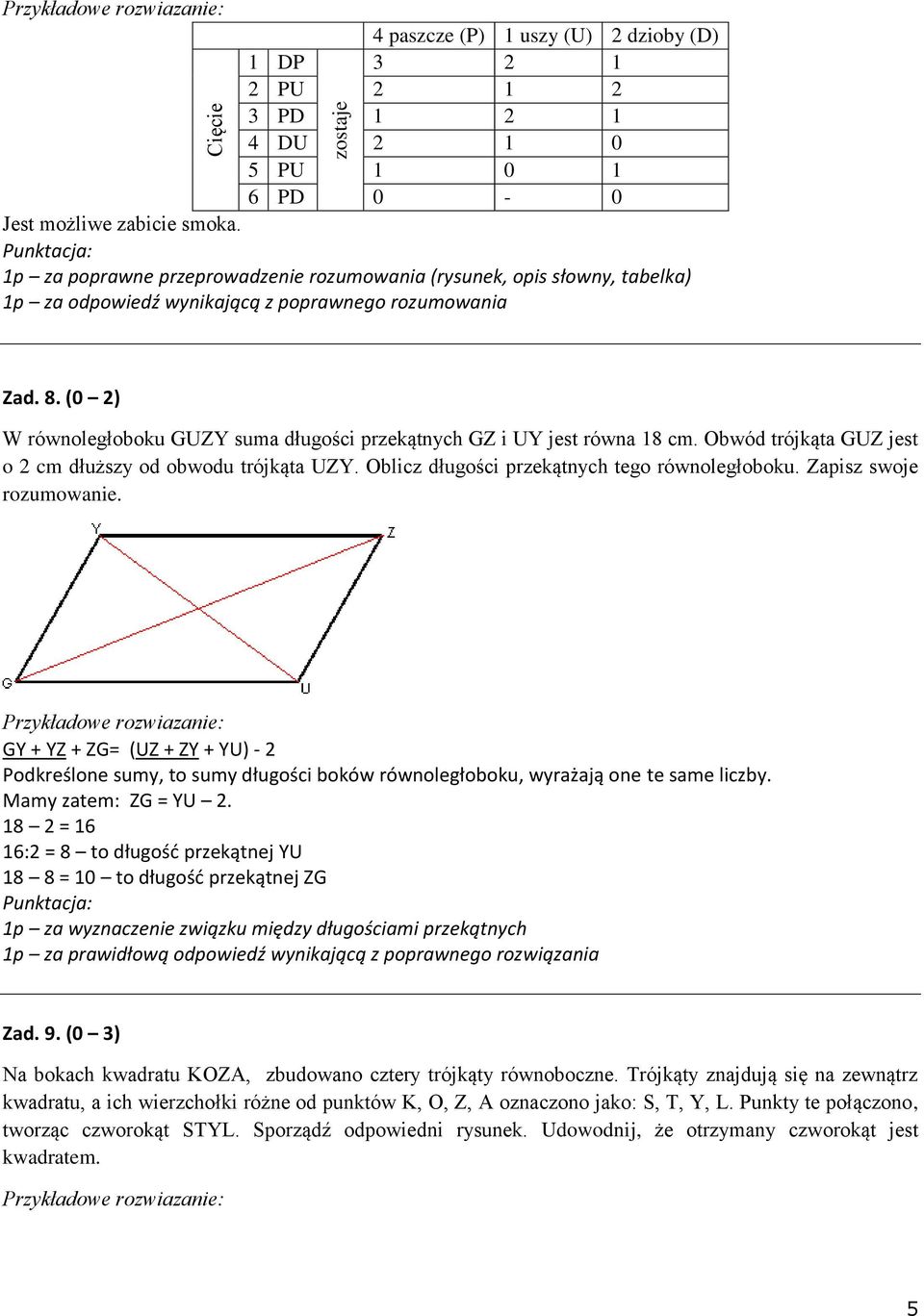 (0 2) W równoległoboku GUZY suma długości przekątnych GZ i UY jest równa 18 cm. Obwód trójkąta GUZ jest o 2 cm dłuższy od obwodu trójkąta UZY. Oblicz długości przekątnych tego równoległoboku.