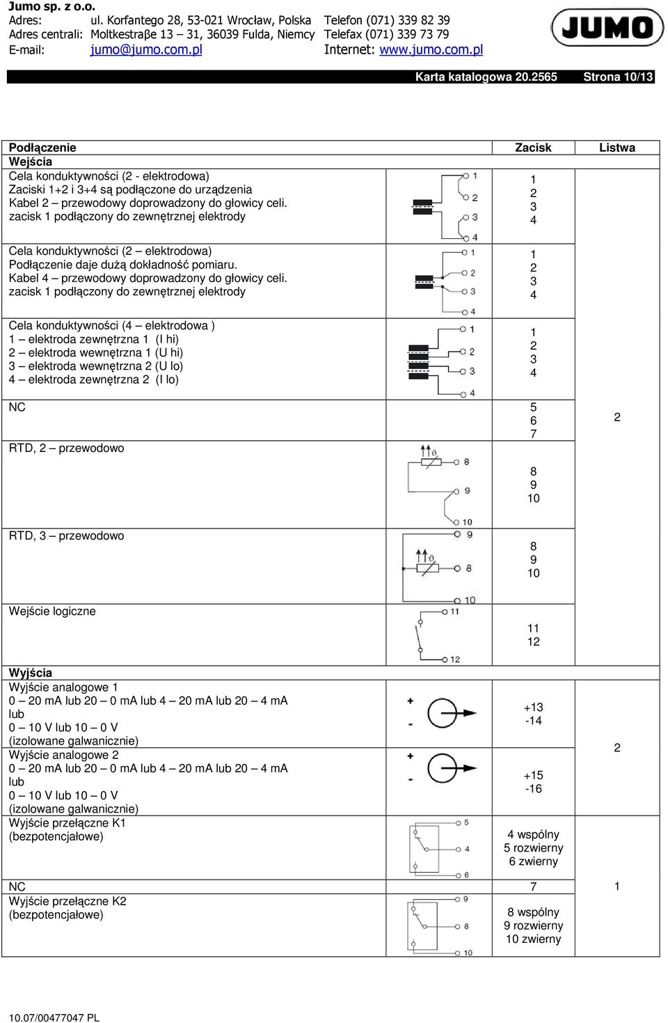 zacisk 1 podłączony do zewnętrznej elektrody Cela konduktywności (4 elektrodowa ) 1 elektroda zewnętrzna 1 (I hi) elektroda wewnętrzna 1 (U hi) 3 elektroda wewnętrzna (U lo) 4 elektroda zewnętrzna (I