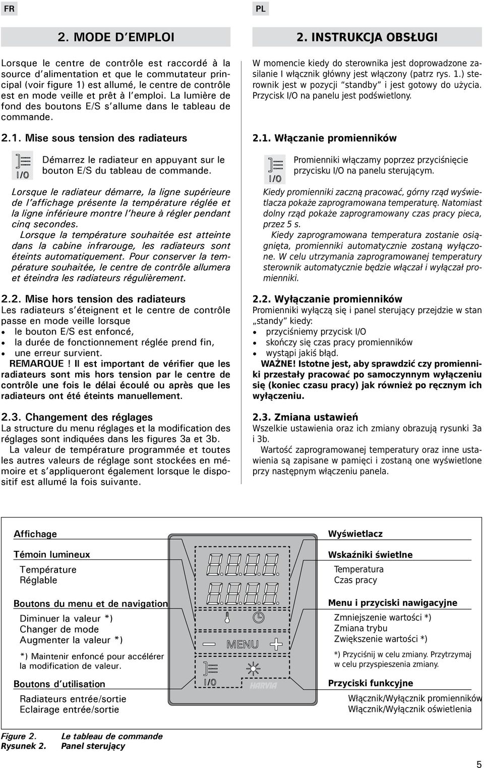 Lorsque le radiateur démarre, la ligne supérieure de l affichage présente la température réglée et la ligne inférieure montre l heure à régler pendant cinq secondes.