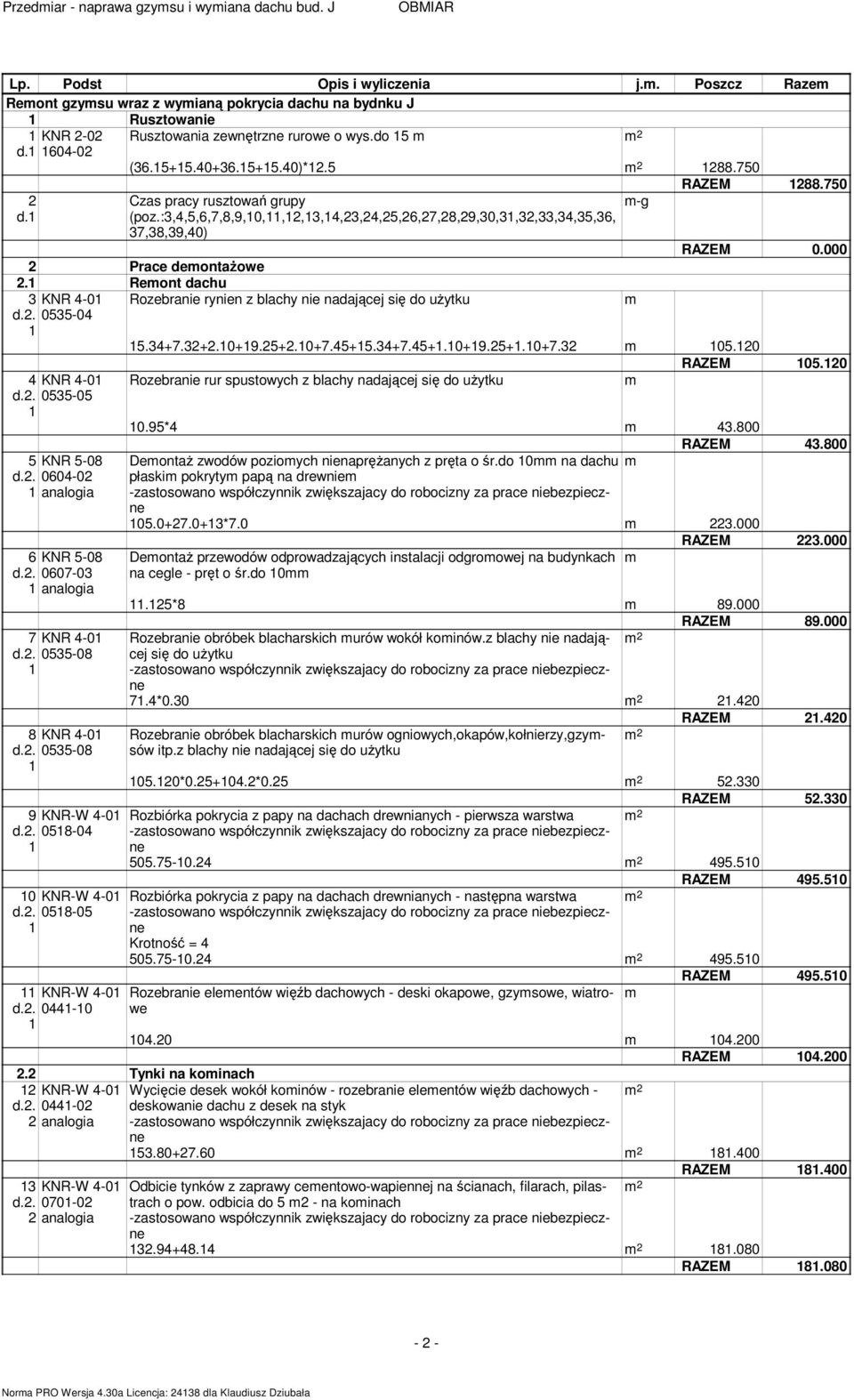 :3,4,5,6,7,8,9,0,,,3,4,3,4,5,6,7,8,9,30,3,3,33,34,35,36, 37,38,39,40) RAZEM 0.000 Prace deonażowe. Reon dachu 3 KNR 4-0 d.. 0535-04 Rozebranie rynien z blachy nie nadającej się do użyku 4 KNR 4-0 d.