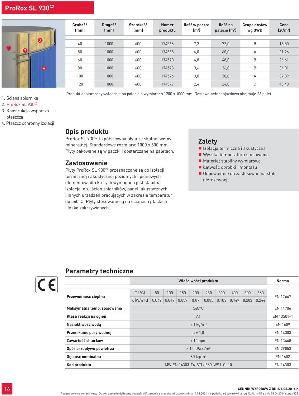 ProRox SL 930 CZ 3. Konstrukcja wsporcza płaszcza 4. Płaszcz ochronny izolacji Produkt dostarczany wyłącznie na palecie o wymiarach 1200 x 1000 mm. Dostawa pełnopojazdowa obejmuje 26 palet.