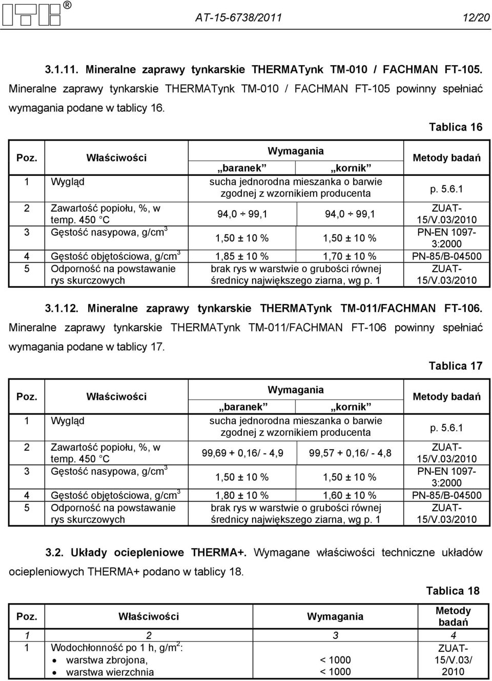 Właściwości Wymagania 1 Wygląd sucha jednorodna mieszanka o barwie zgodnej z wzornikiem producenta Metody badań p. 5.6.1 2 Zawartość popiołu, %, w 94,0 99,1 94,0 99,1 temp.