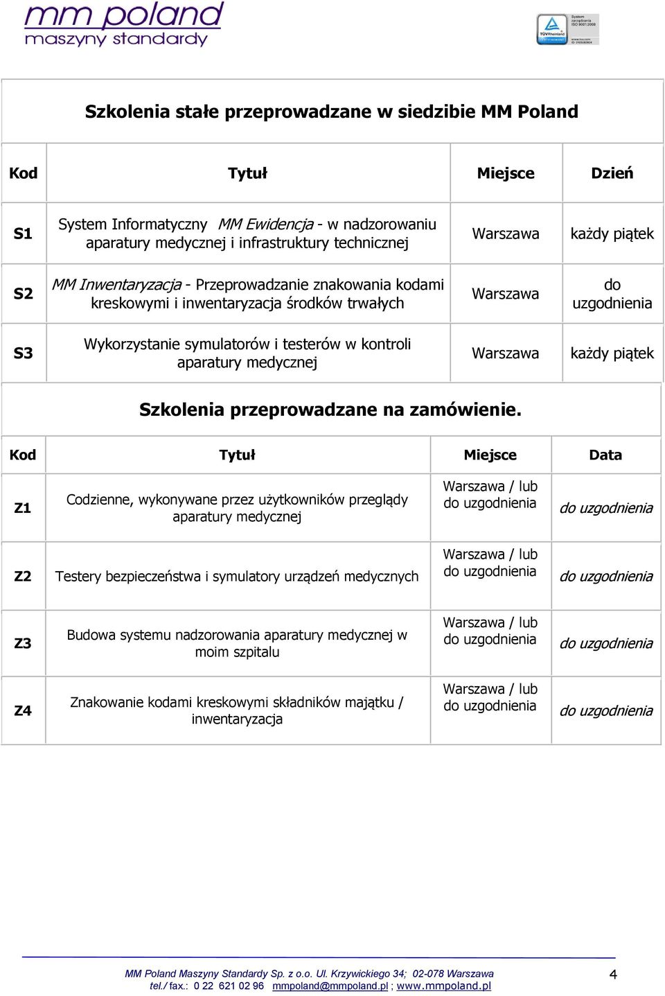 aparatury medycznej każdy piątek Szkolenia przeprowadzane na zamówienie.