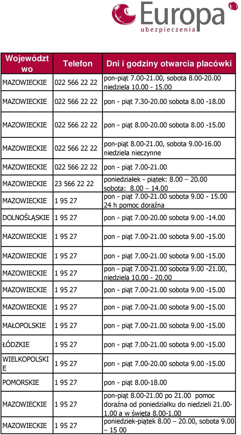 00 20.00 sobota: 8.00 pon - piąt 7.00-21.00 sobota 9.00-24 h pomoc doraźna DOLNOŚLĄSKIE 1 95 27 pon - piąt 7.00-20.00 sobota 9.00 - MAZOWIECKIE 1 95 27 pon - piąt 7.00-21.00 sobota 9.00 - MAZOWIECKIE 1 95 27 pon - piąt 7.00-21.00 sobota 9.00 - MAZOWIECKIE 1 95 27 pon - piąt 7.00-21.00 sobota 9.00-21.00, niedziela 10.