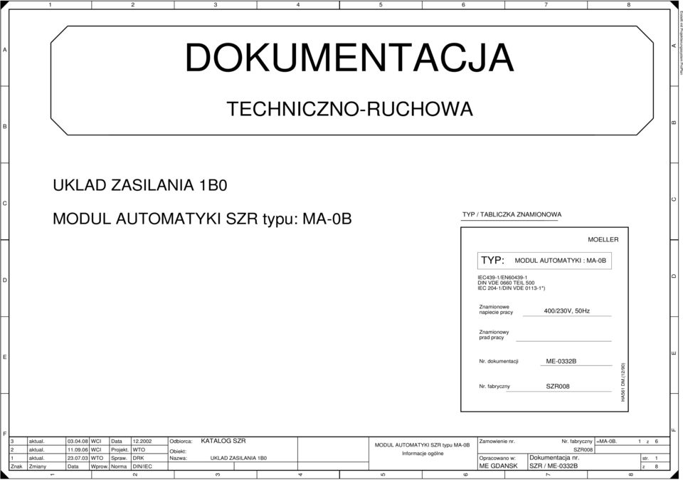 dokumentacji M-0 SZR00 H M.(/90) Znak Zmiany 0.0.0.09.0.0.0 ata WI ata WI Projekt. WTO Spraw. Wprow. Norma.