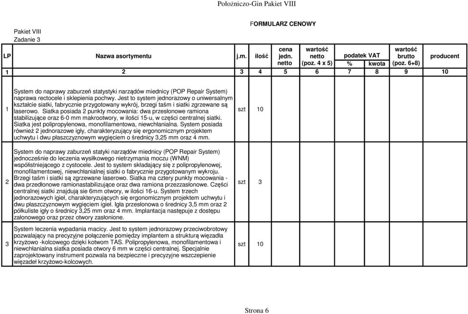 Siatka posiada 2 punkty mocowania: dwa przesłonowe ramiona stabilizujące oraz 6-0 mm makrootwory, w ilości 15-u, w części centralnej siatki.