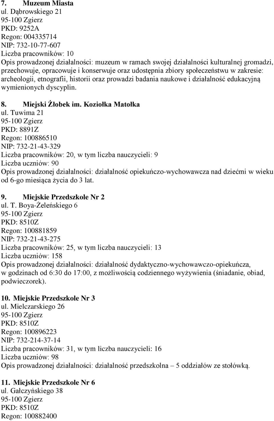 i konserwuje oraz udostępnia zbiory społeczeństwu w zakresie: archeologii, etnografii, historii oraz prowadzi badania naukowe i działalność edukacyjną wymienionych dyscyplin. 8. Miejski Żłobek im.