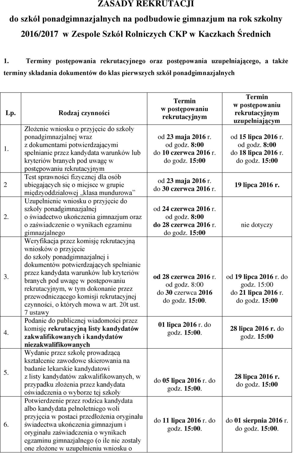 Rodzaj czynności Złożenie wniosku o przyjęcie do szkoły ponadgimnazjalnej wraz z dokumentami potwierdzającymi spełnianie przez kandydata warunków lub kryteriów branych pod uwagę w postępowaniu