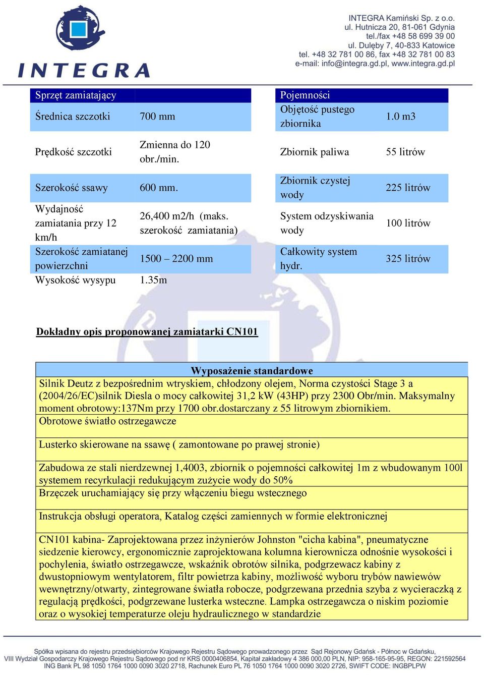 szerokość zamiatania) 1500 2200 mm Zbiornik czystej wody System odzyskiwania wody Całkowity system hydr.