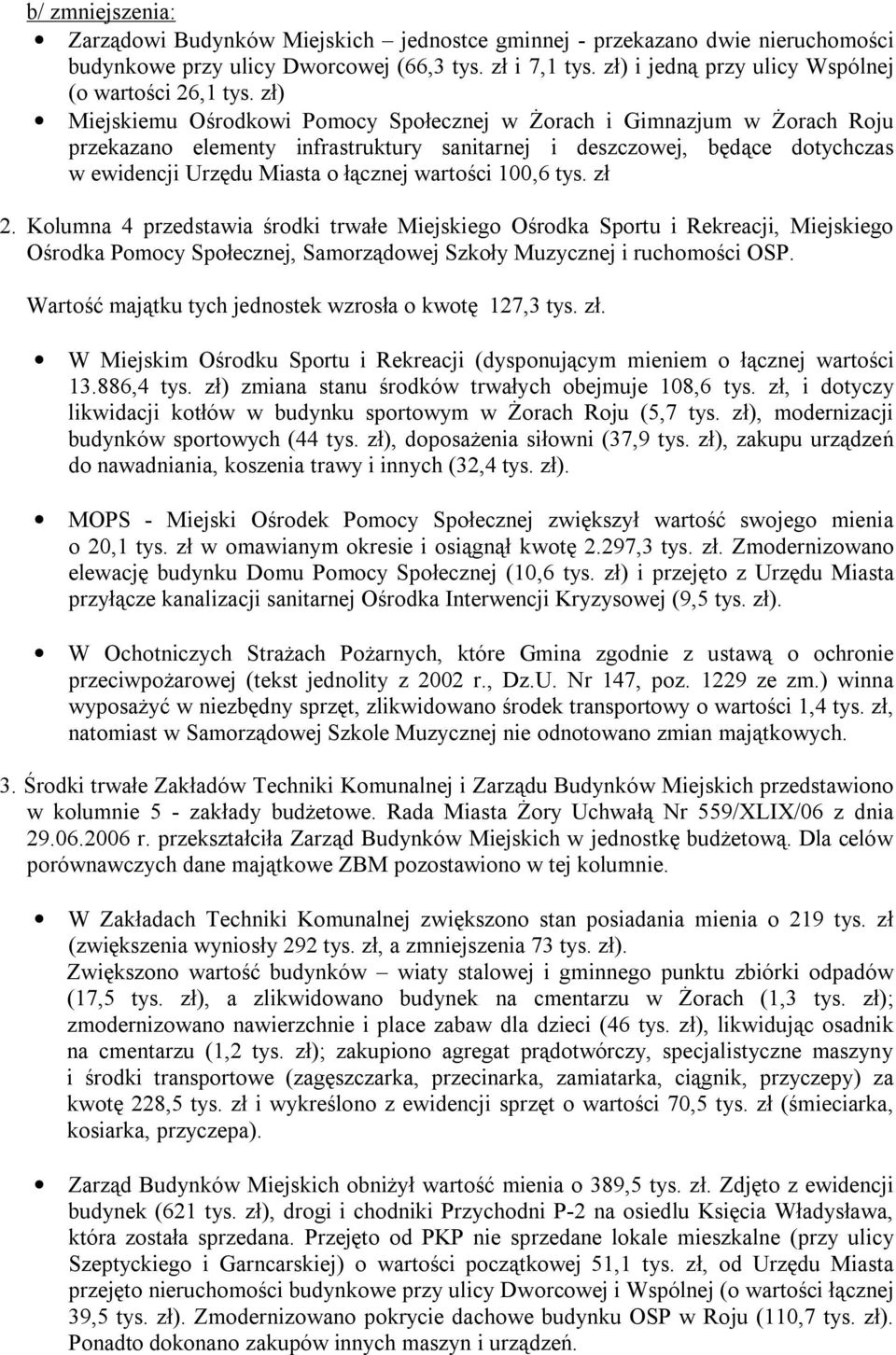 zł) Miejskiemu Ośrodkowi Pomocy Społecznej w Żorach i Gimnazjum w Żorach Roju przekazano elementy infrastruktury sanitarnej i deszczowej, będące dotychczas w ewidencji Urzędu Miasta o łącznej