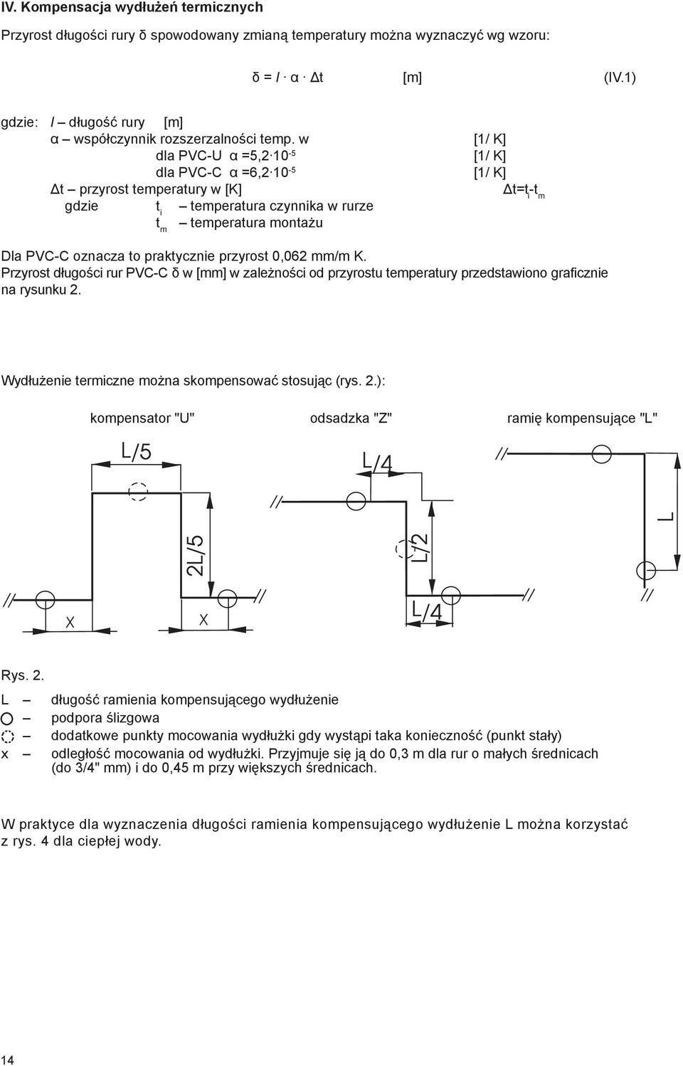 w [1/ K] dla PVC-U α =5,2 10-5 [1/ K] dla PVC-C α =6,2 10-5 [1/ K] t przyrost temperatury w [K] t=t i -t m gdzie t i temperatura czynnika w rurze t m temperatura montażu Dla PVC-C oznacza to