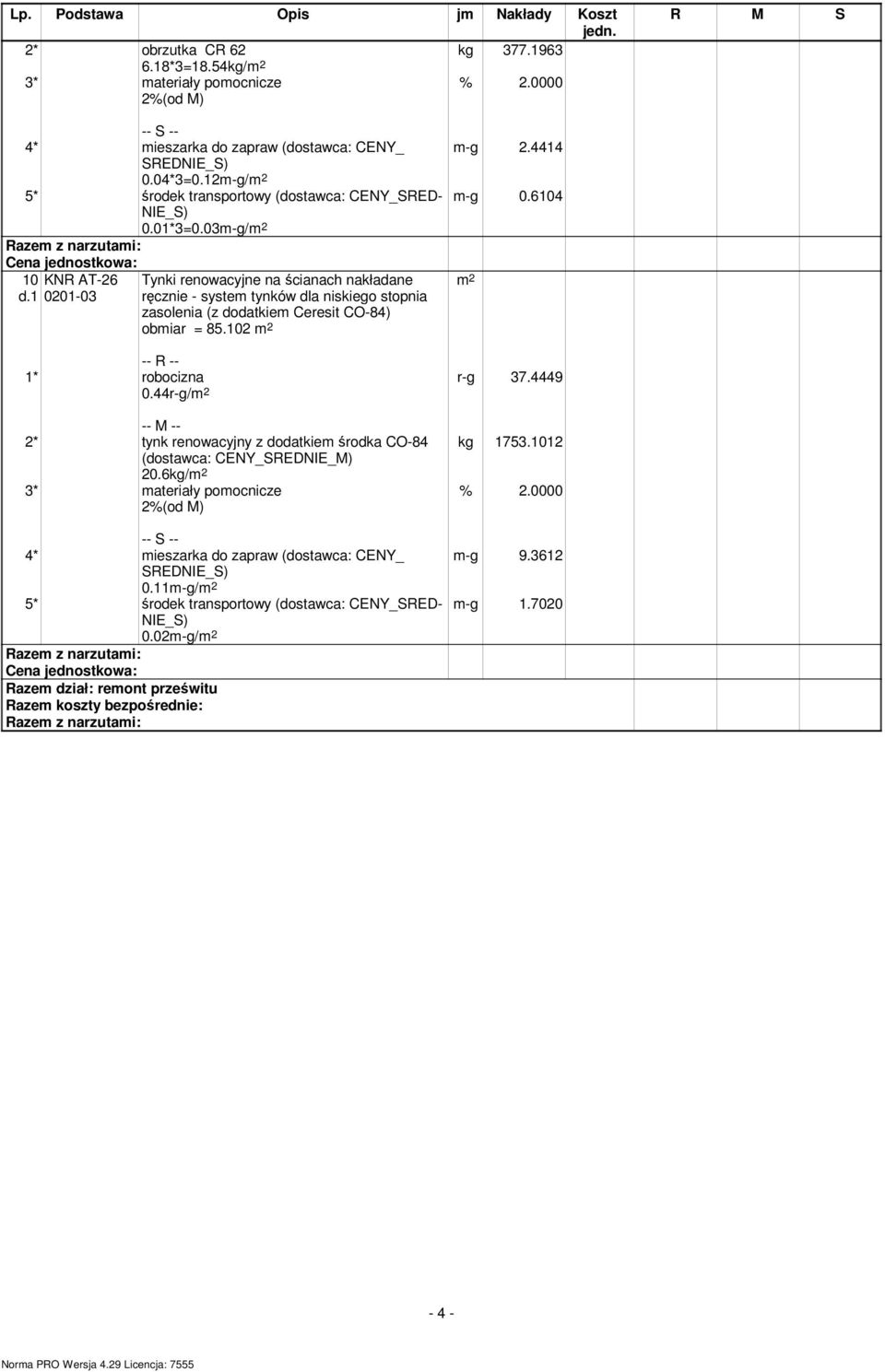 102 m-g 2.4414 m-g 0.6104 0.44r-g/ r-g 37.4449 2* tynk renowacyjny z dodatkiem środka CO-84 (dostawca: CENY_SREDNIE_M) 20.