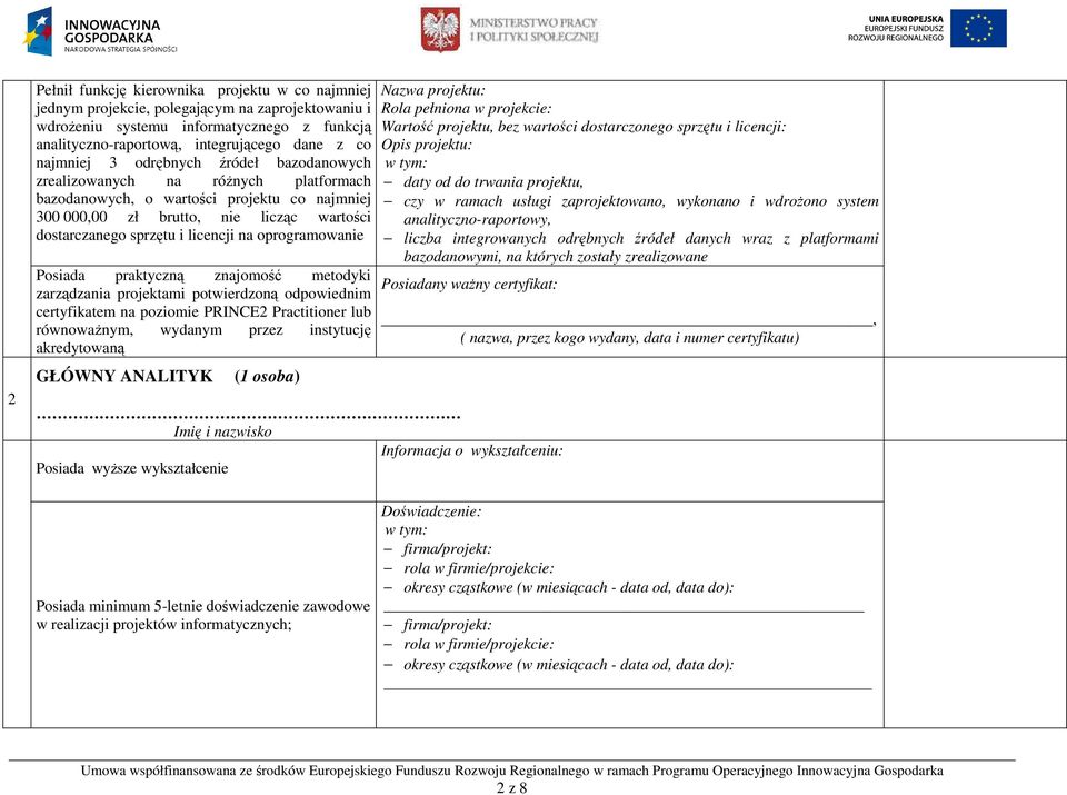 na oprogramowanie Posiada praktyczną znajomość metodyki zarządzania projektami potwierdzoną odpowiednim certyfikatem na poziomie PRINCE2 Practitioner lub równowaŝnym, wydanym przez instytucję