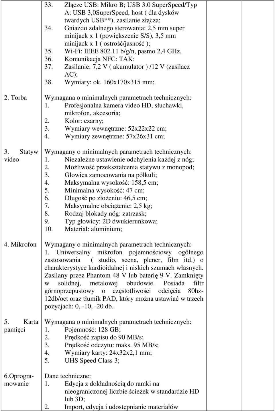 Zasilanie: 7,2 V ( akumulator ) /12 V (zasilacz AC); 38. Wymiary: ok. 160x170x315 mm; 2. Torba 3. Statyw video 4. Mikrofon 5. Karta pamięci 6.