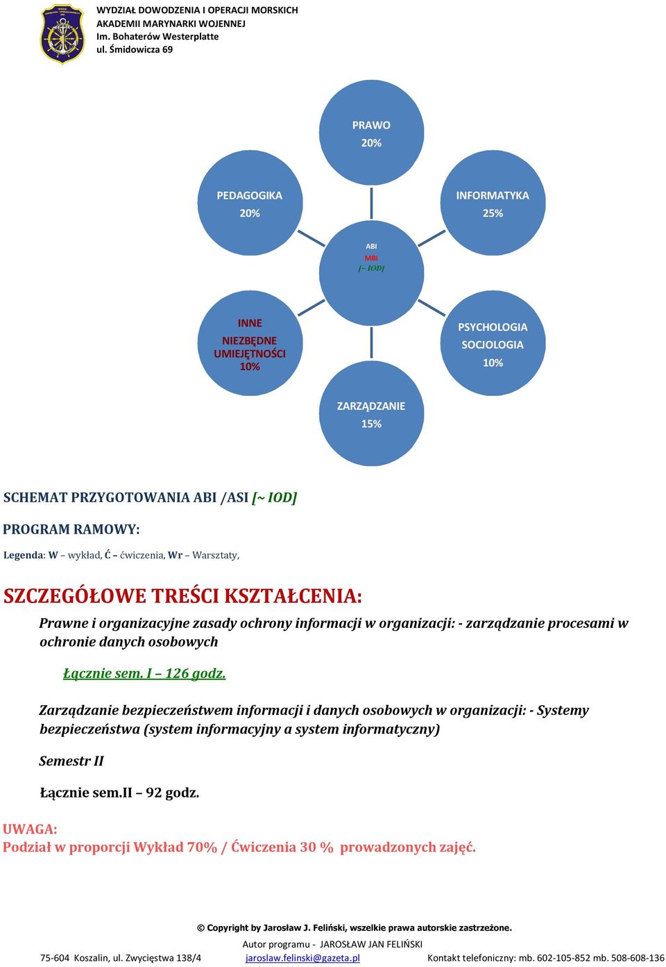 Łącznie sem. I 126 godz. Zarządzanie bezpieczeństwem informacji i danych osobowych w organizacji: - Systemy bezpieczeństwa (system informacyjny a system informatyczny) Semestr II Łącznie sem.