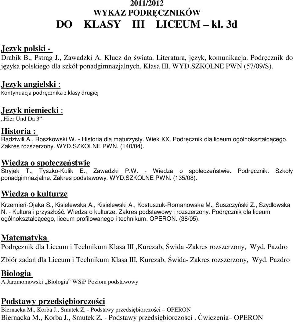 Zakres rozszerzony. WYD.SZKOLNE PWN. (140/04). Stryjek T., Tyszko-Kulik E., Zawadzki P.W. -. Podręcznik. Szkoły Wiedza o kulturze Krzemień-Ojaka S., Kisielewska A., Kisielewski A.