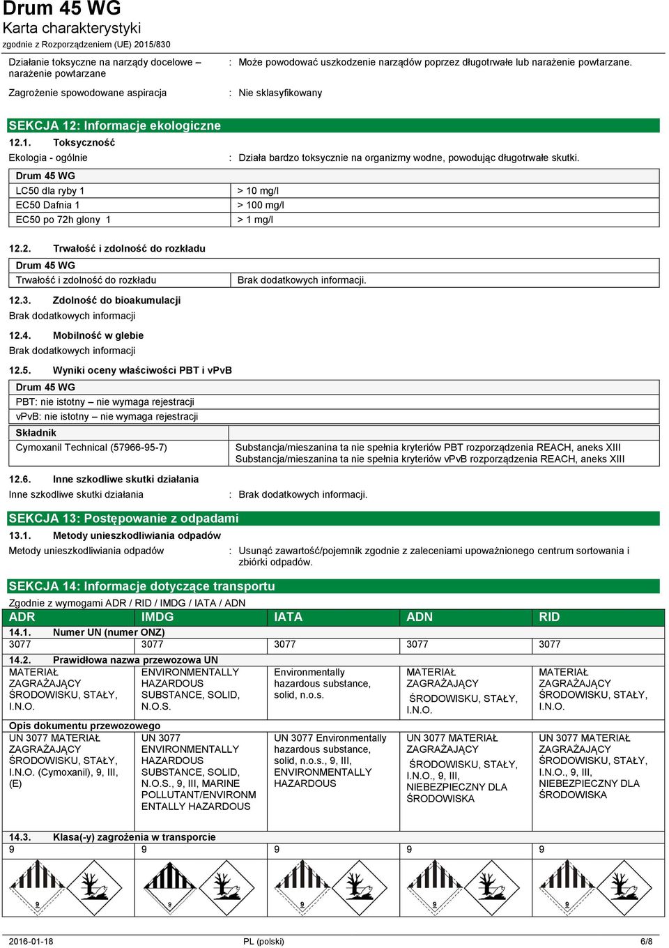 .1. Toksyczność Ekologia - ogólnie Drum 45 WG LC50 dla ryby 1 EC50 Dafnia 1 EC50 po 72h glony 1 : Może powodować uszkodzenie narządów poprzez długotrwałe lub narażenie powtarzane.