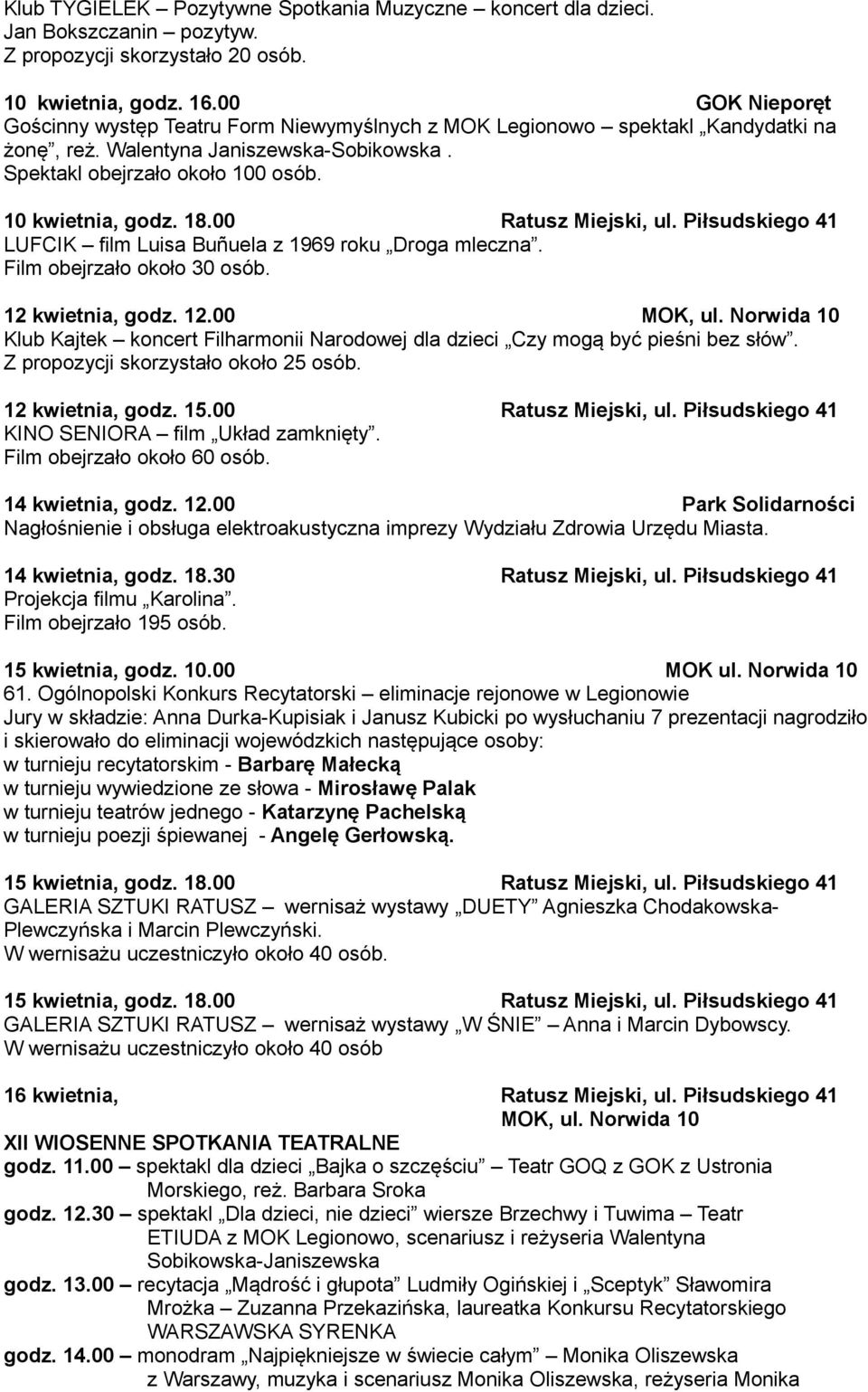 00 Ratusz Miejski, ul. Piłsudskiego 41 LUFCIK film Luisa Bunuela z 1969 roku Droga mleczna. Film obejrzało około 30 osób. 12 kwietnia, godz. 12.00 MOK, ul.