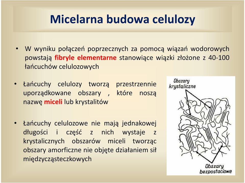 obszary, które noszą nazwę miceli lub krystalitów Łańcuchy celulozowe nie mają jednakowej długości i część z nich