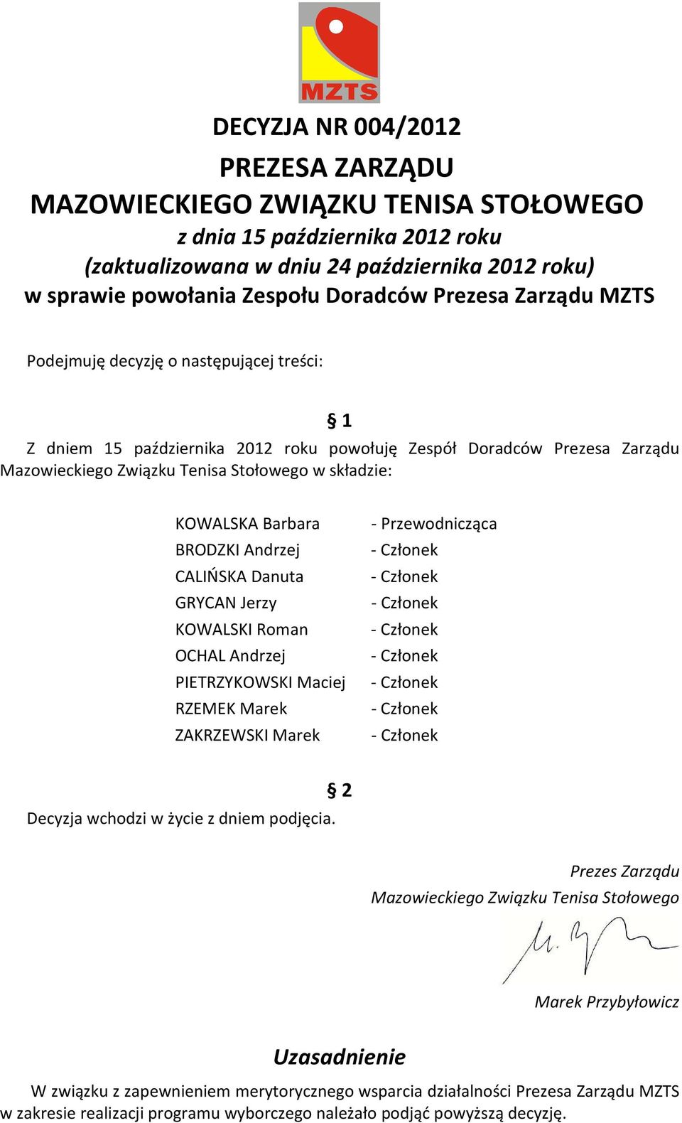 Członek CALIŃSKA Danuta - Członek GRYCAN Jerzy - Członek KOWALSKI Roman - Członek OCHAL Andrzej - Członek PIETRZYKOWSKI Maciej - Członek RZEMEK Marek - Członek ZAKRZEWSKI