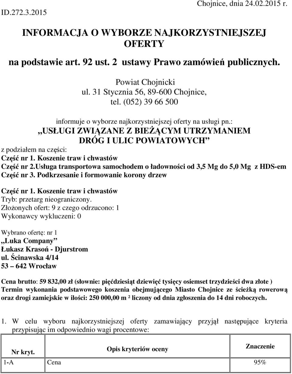 : USŁUGI ZWIĄZANE Z BIEŻĄCYM UTRZYMANIEM DRÓG I ULIC POWIATOWYCH z podziałem na części: Część nr 1. Koszenie traw i chwastów Część nr 2.