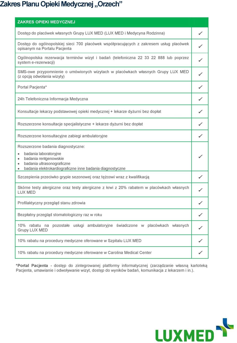wizytach w placówkach własnych Grupy LUX MED (z opcją odwołania wizyty) Portal Pacjenta* 24h Telefoniczna Informacja Medyczna Konsultacje lekarzy podstawowej opieki medycznej + lekarze dyżurni bez