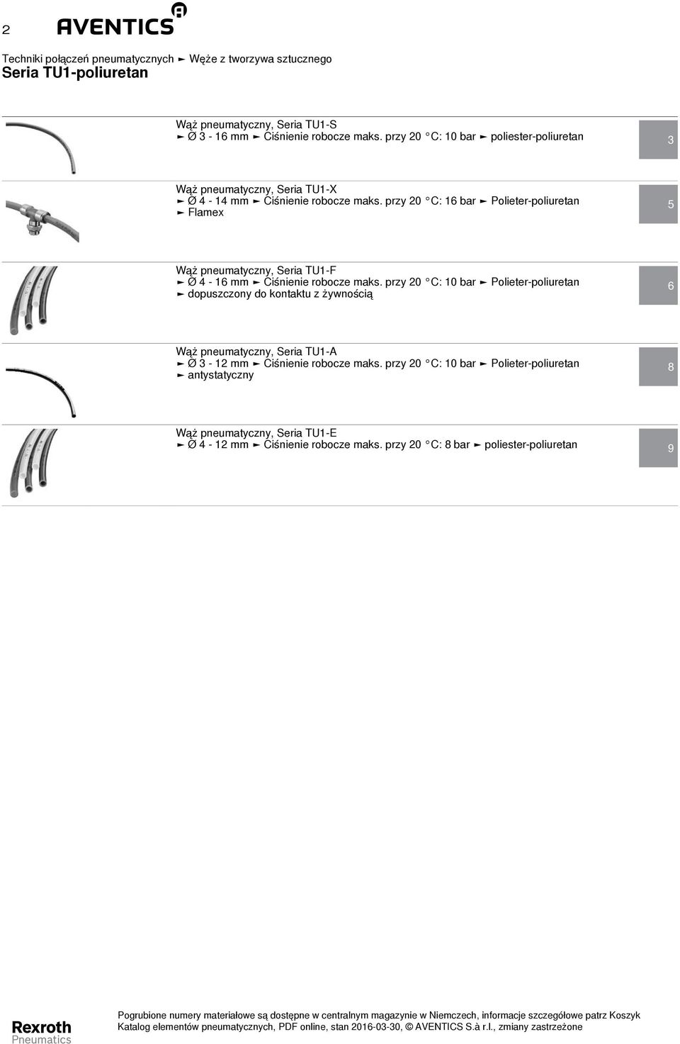 przy 20 C: 16 bar Polieter-poliuretan Flamex 5 Wąż pneumatyczny, Seria TU1-F Ø 4-16 mm Ciśnienie robocze maks.