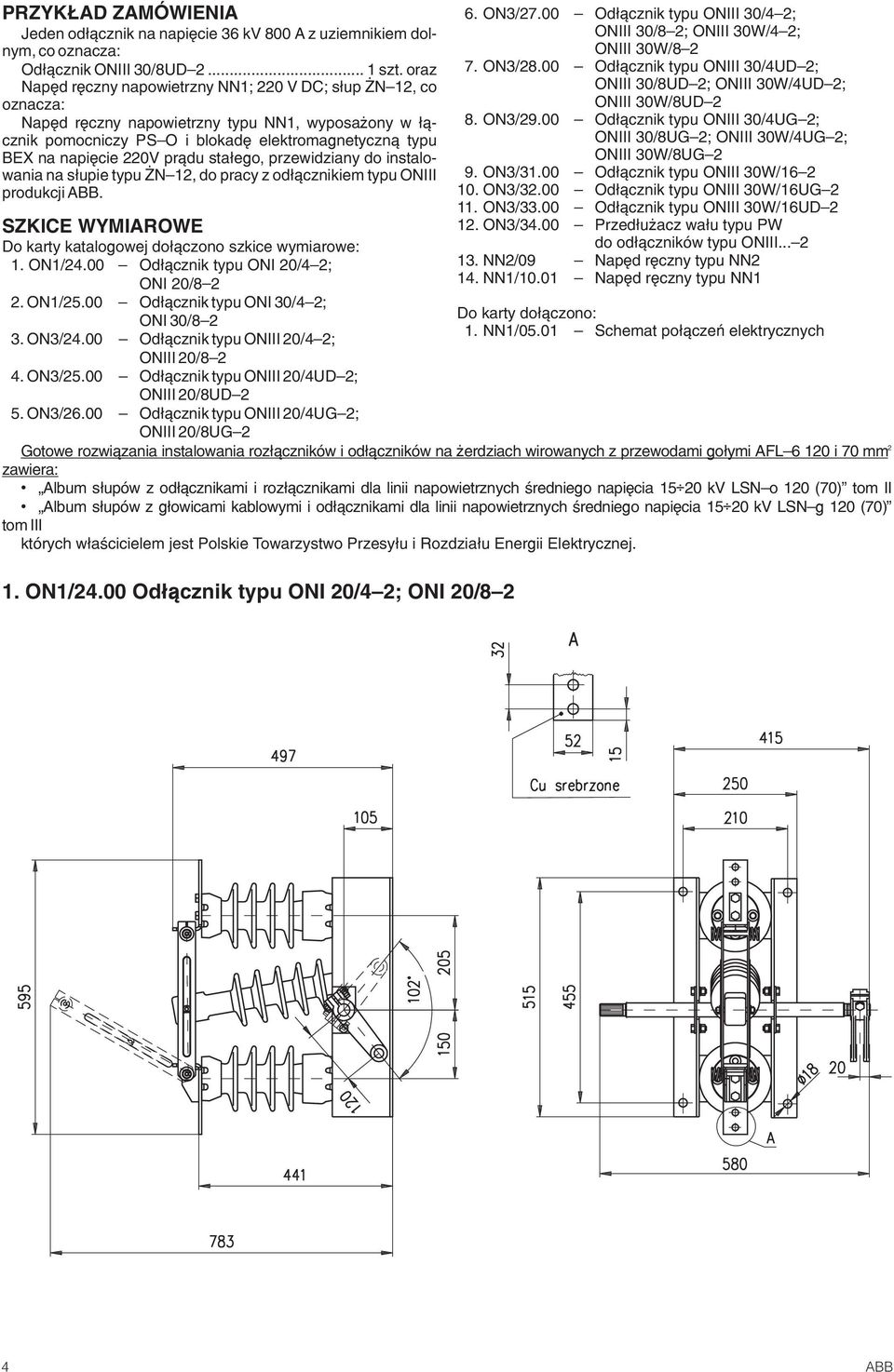 pr¹du sta³ego, przewidziany do instalowania na s³upie typu N 12, do pracy z od³¹cznikiem typu ONIII produkcji ABB. SZKICE WYMIAROWE Do karty katalogowej do³¹czono szkice wymiarowe: 1. ON1/24.