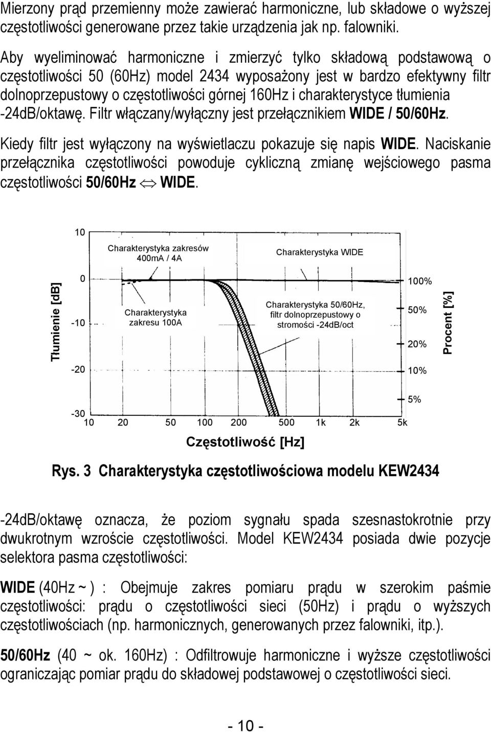 charakterystyce tłumienia -24dB/oktawę. Filtr włączany/wyłączny jest przełącznikiem WIDE / 50/60Hz. Kiedy filtr jest wyłączony na wyświetlaczu pokazuje się napis WIDE.