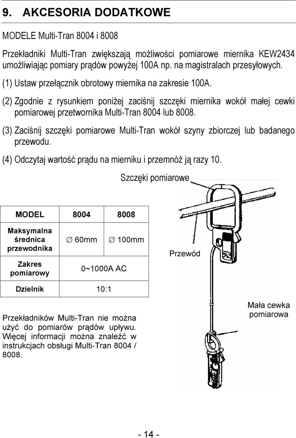 (3) Zaciśnij szczęki pomiarowe Multi-Tran wokół szyny zbiorczej lub badanego przewodu. (4) Odczytaj wartość prądu na mierniku i przemnóż ją razy 10.